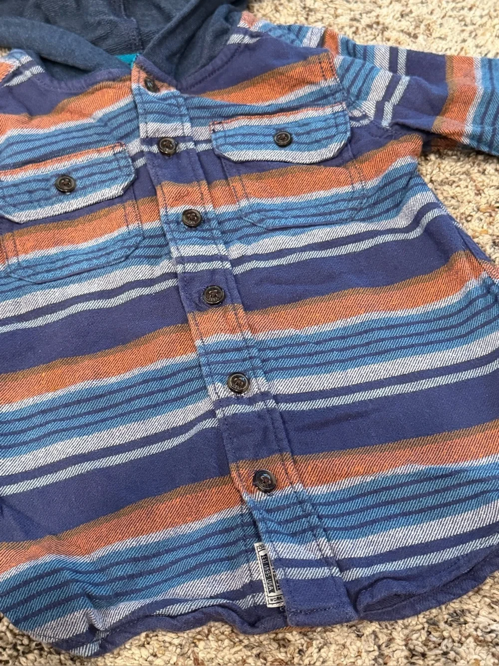 Oshkosh Striped Hooded Button-Front Shirt Jacket in Blue and Rust Sz 3T